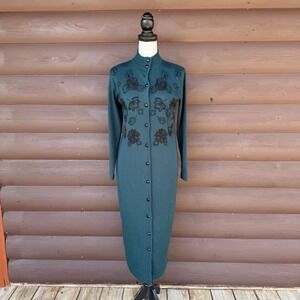 Vtg Liz Claiborne Knit Maxi Dress Womens Petite XS Teal Wool Blend Floral 90s